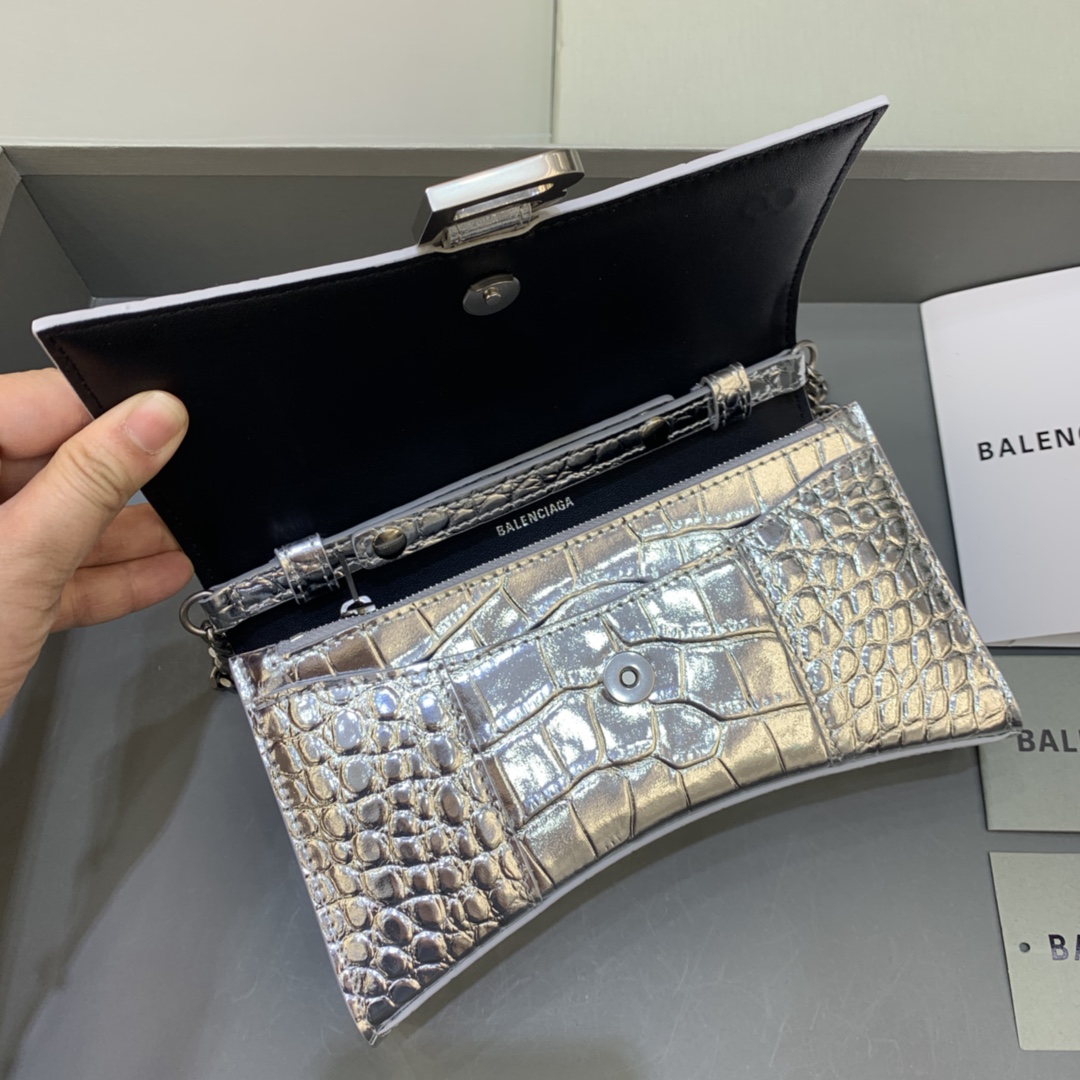 Balenciaga Small Hourglass Wallet With Chain Crocodile Embossed Shoulder Bag Silver